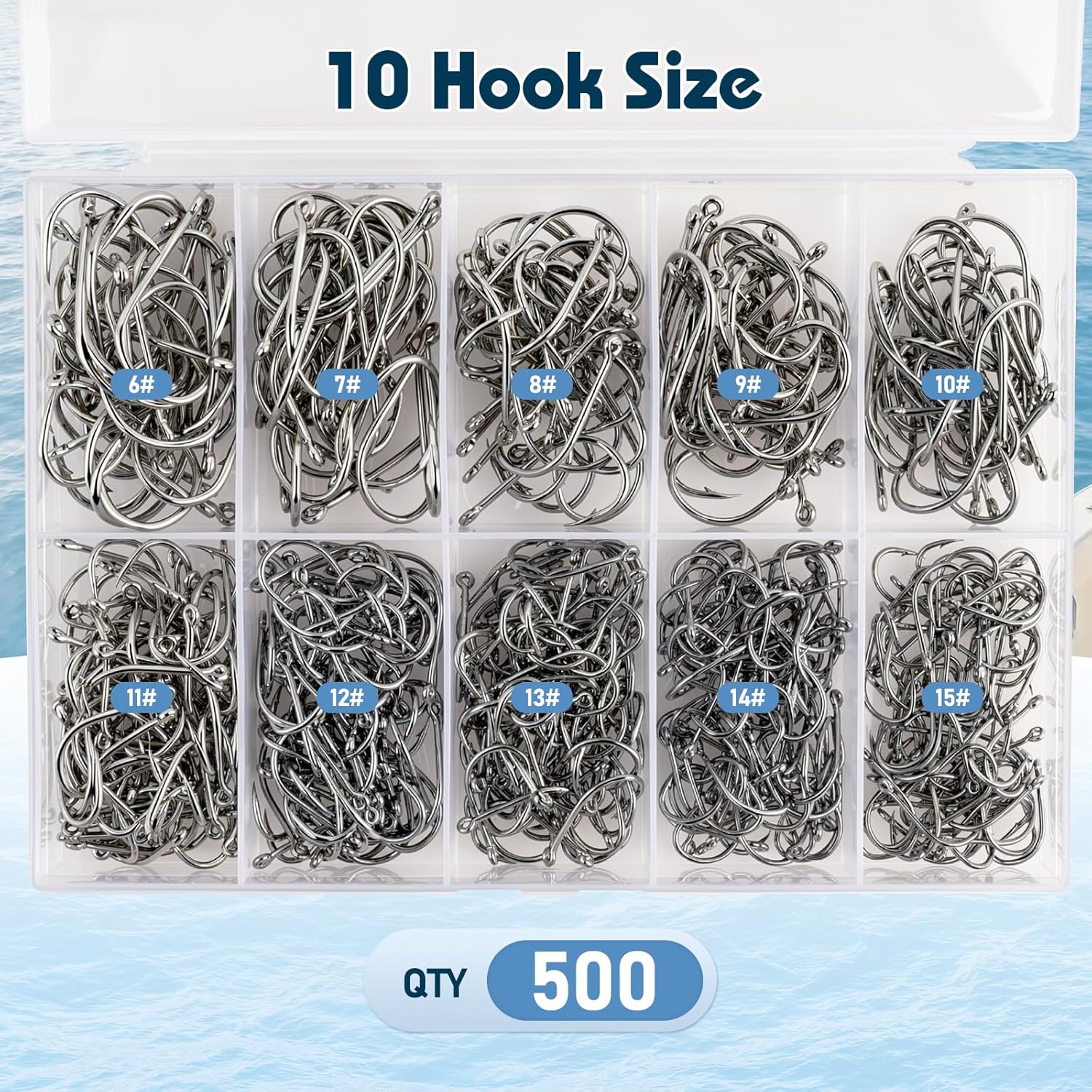 500 count Barbed Fishing Hooks, 10 Sizes High Carbon Steel Fish Hooks, High Strength &  Point with Plastic Storage Box, Suitable for Freshwater & Saltwater