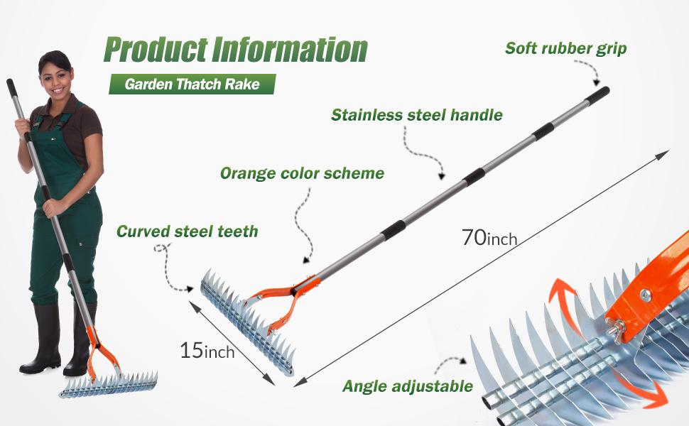 Walensee Thatch Rake, 15-Inch Lawn Thatching Rake, Robust Dethatcher Rake, Efficient Steel Metal Rake with Handle, Versatile Grass Grooming Rake for Cleaning Dead Grass