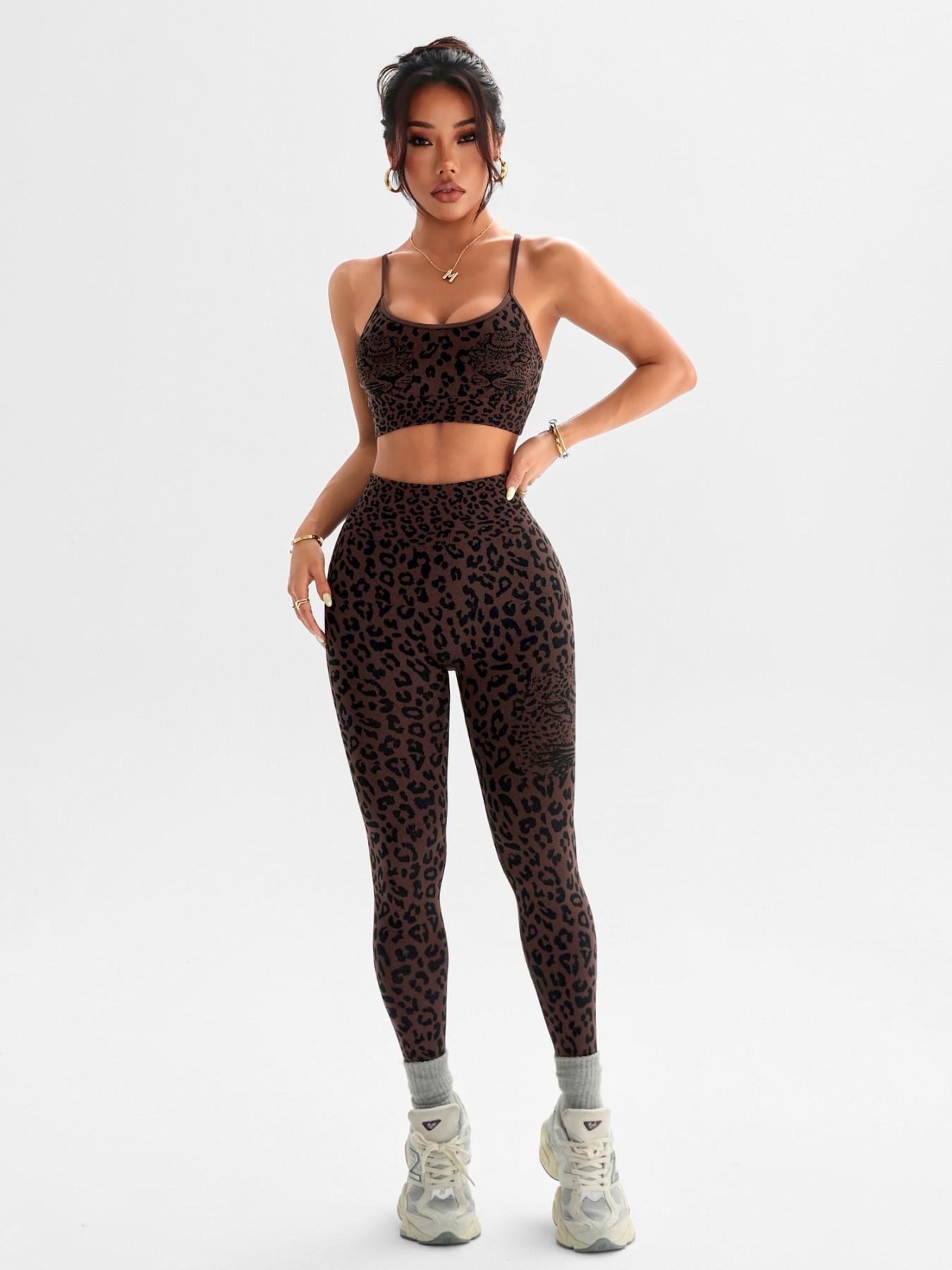 Women's Spring Summer Leopard Print Two-Piece Set, Fitted Sportswear Set, Matching Bodycon Athletic Workout Set, Athletic Clothing Set, Adjustable Straps Backless Top + High Waist Tummy Control Nine-Point Tight Yoga Pants