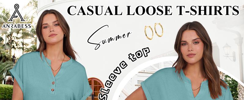 ANRABESS Women's Short Sleeve Henley Tops V Neck Summer Casual Loose Dressy Shirts Blouse Basic Tees