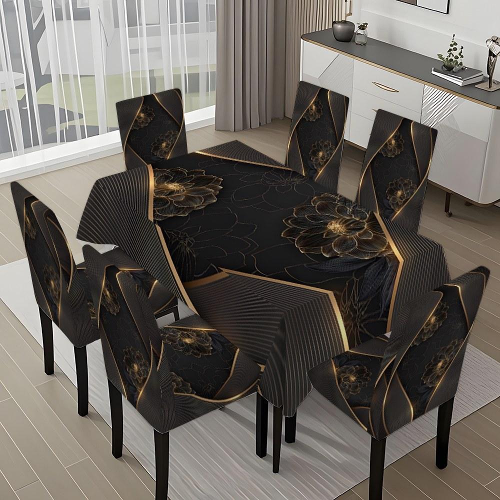5/7-piece 2D Flat Printing Black - gold Floral Curve Splicing Printing Pattern Tablecloth and Chair Cover Set, for dining table and chair decoration, perfect for home, holiday gatherings, restaurants, and parties.