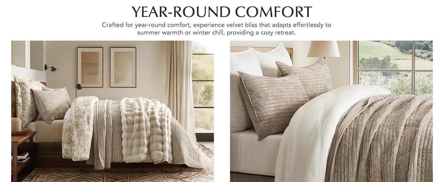Luxury King Size Velvet Bedding Set - Striped Channel Weave Comforter with 2 Matching Shams, Lightweight All-Season Oversized Polyester Fiber Bedspread, Soft Beige Taupe for Bedroom Decor