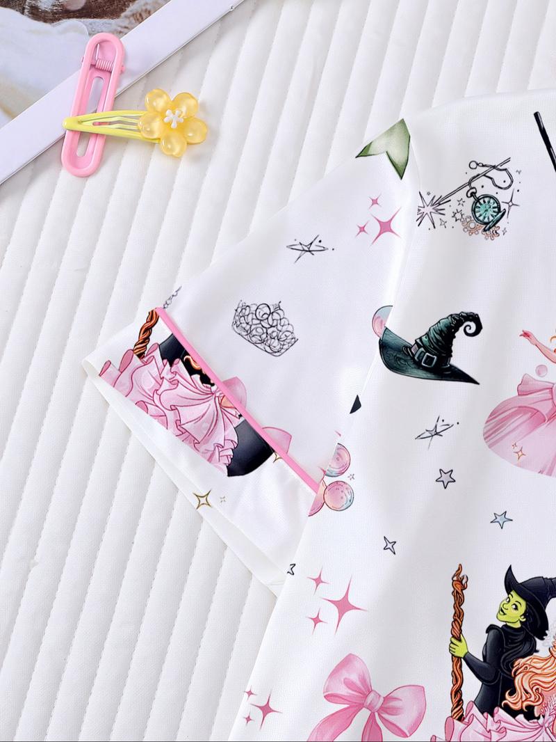 Cartoon Short Sleeve Shorts Pajama Set, New Fire Retardant Button Front Shirt & Loose Elastic Waist Ruffle Pants