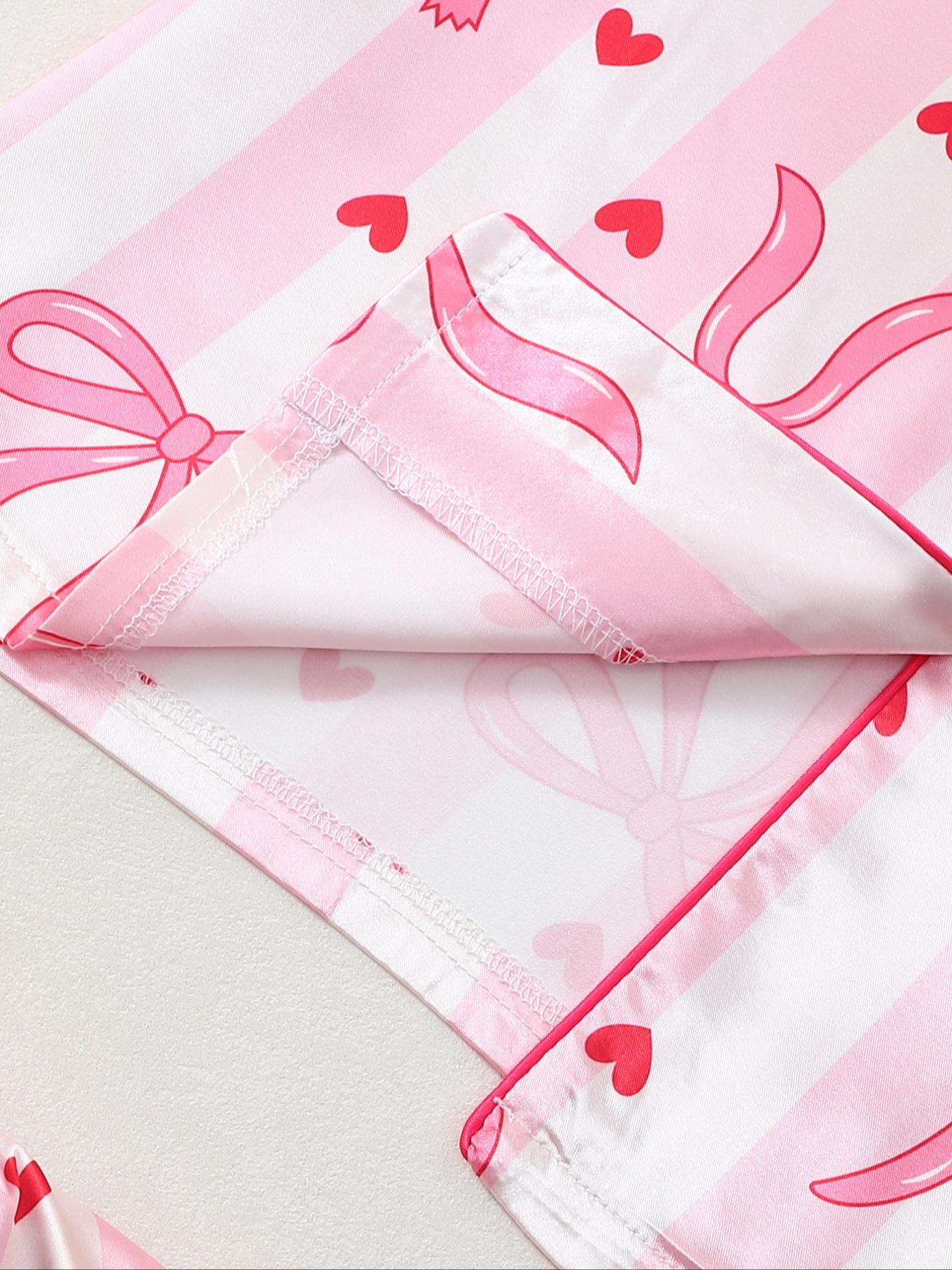 Striped Bow Print Satin Long Sleeve Pajama Set, Comfortable Sleepwear for Women, Stylish Nightwear, Perfect for Relaxing at Home