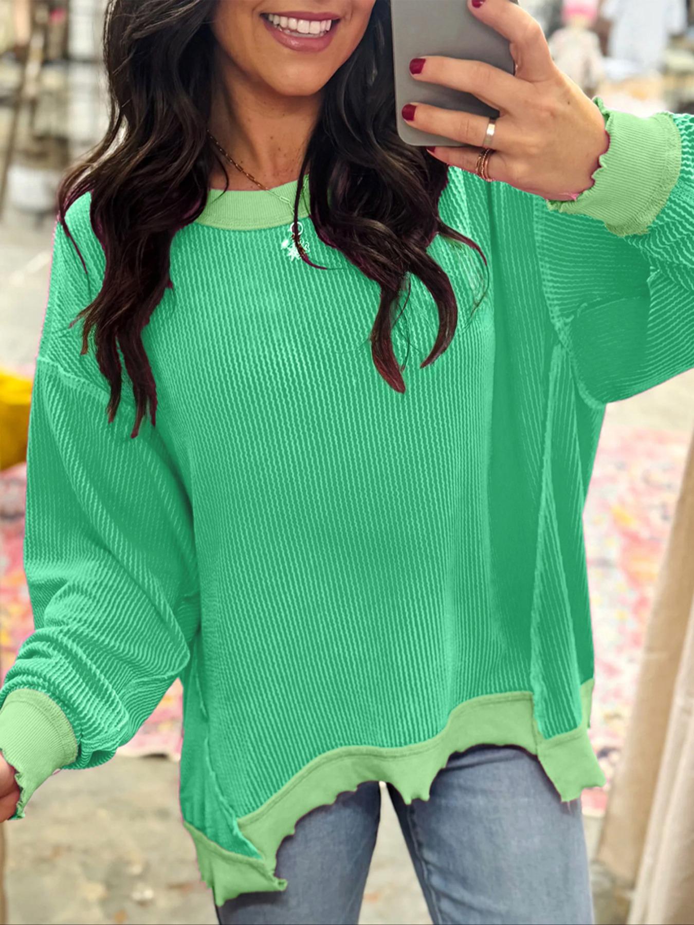 Spring & Fall Casual Women's Solid Color Twisted Ribbed Asymmetrical Hem Loose Drop Shoulder Long Sleeve Knit Top