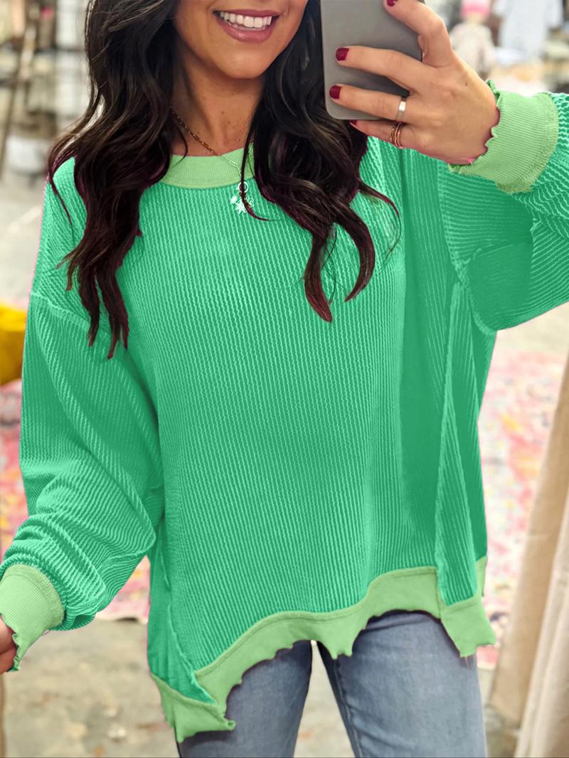 Spring & Fall Casual Women's Solid Color Twisted Ribbed Asymmetrical Hem Loose Drop Shoulder Long Sleeve Knit Top