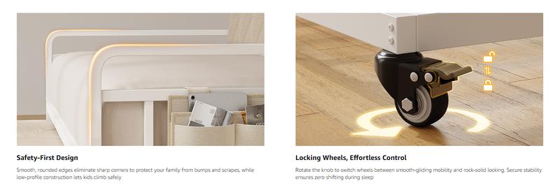 【Valentine's Day gift】ONBRILL Twin Daybed with Trundle, Metal Bed Frame with Ergonomic Upholstered Headboard & Charging Station, Sofa Day Bed with Pop up Trundle for Living Room, Bedroom, Playroom, and Guest Room