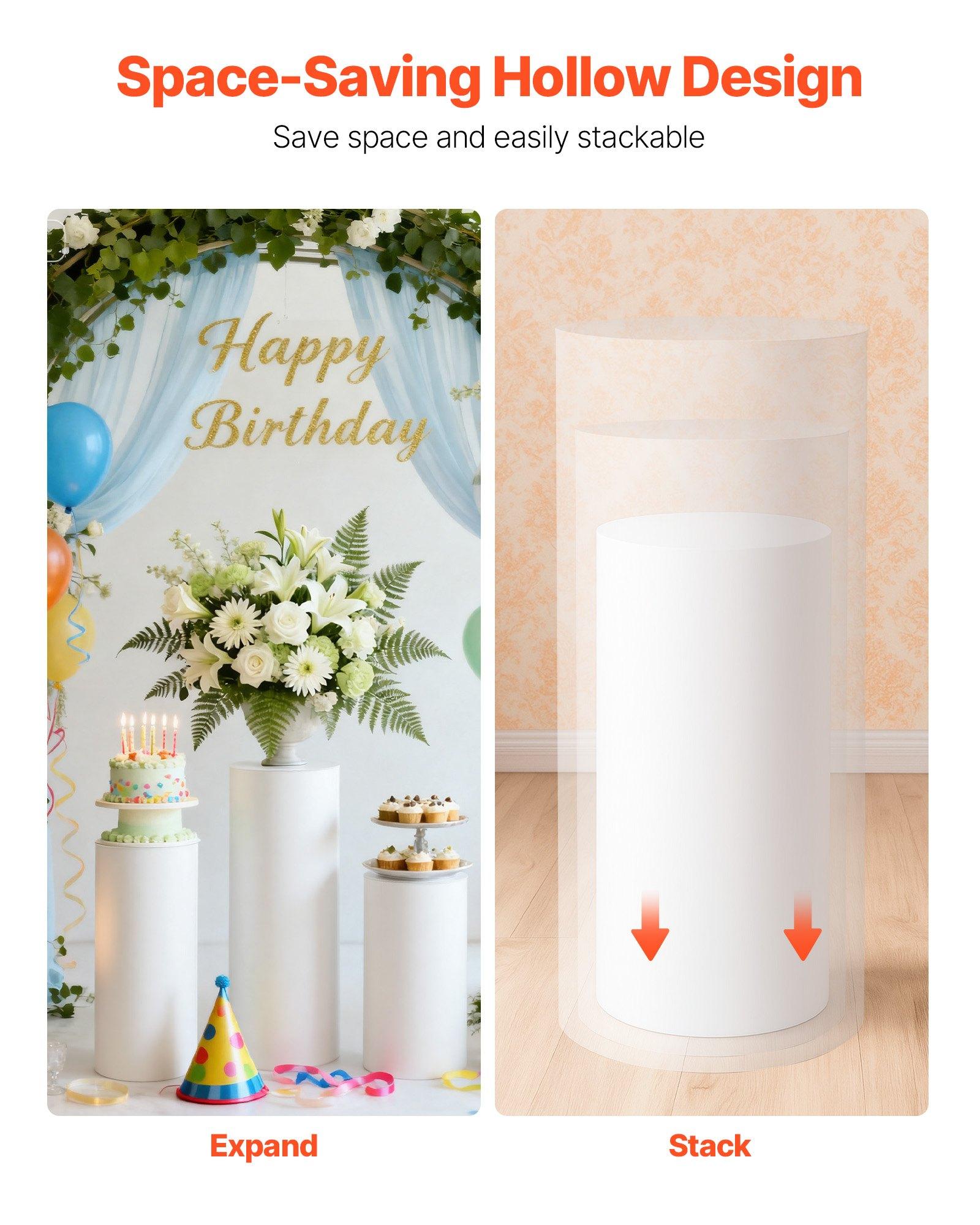 VEVOR Wedding Flower Stand, 3PCS 23.62/29.53/35.43 inch Round Cylinder Plinth, White Pedestal Stand with PVC Lid, Cylindrical Pedestal Stands for Wedding, Party, Birthday, Art Decor, 33.07 lbs Load