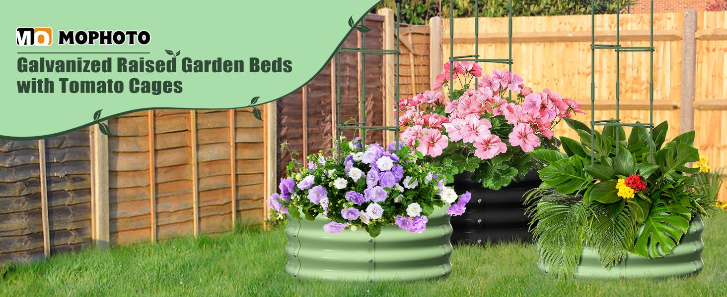 MOPHOTO 3 Pcs 24x24x12in Round Galvanized Raised Garden Bed with Tomato Cages, Metal Planter Box for Planting Plants Vegetables Herbs Flowers