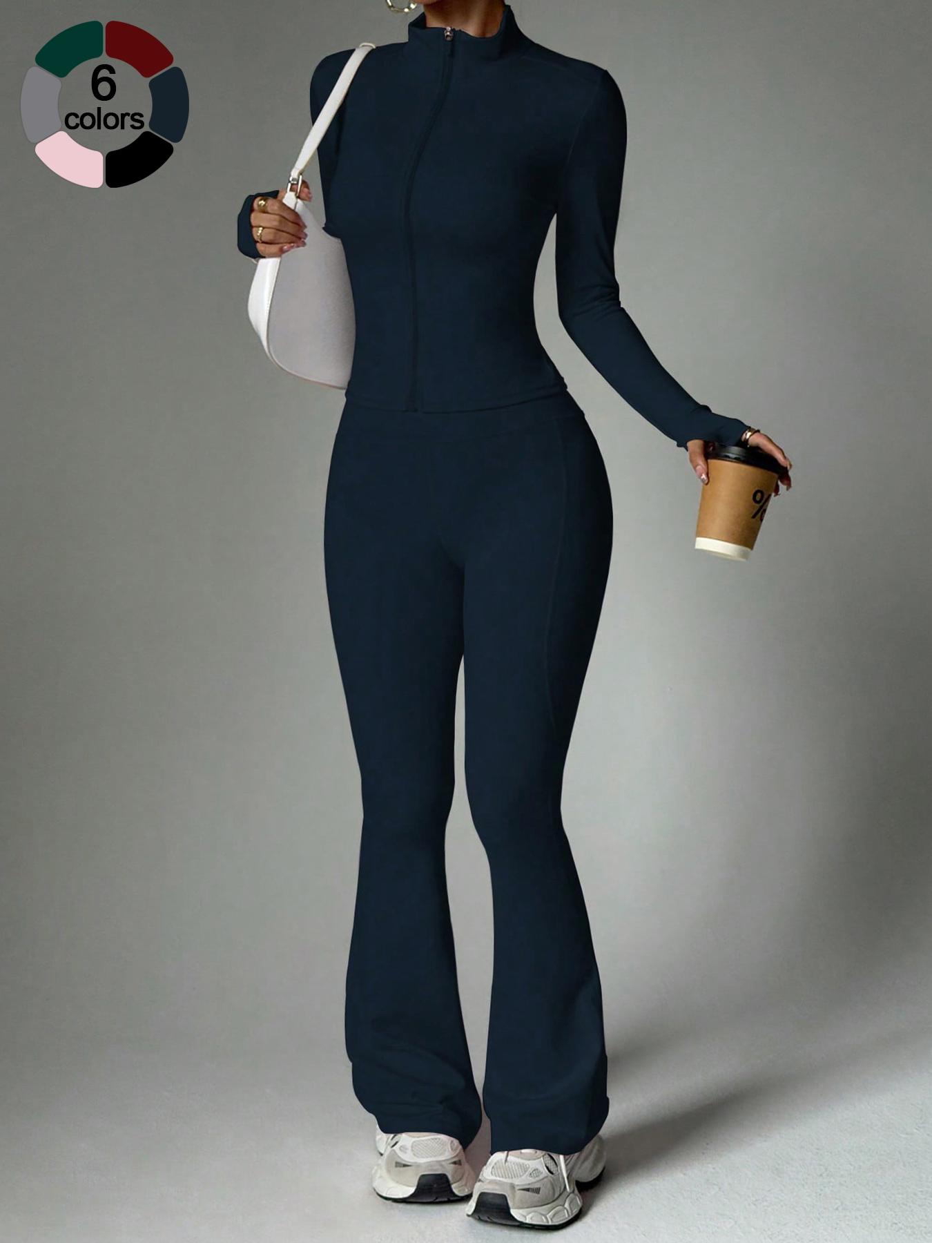 Women's 2-Piece Solid Color Set Long Sleeve Stand Collar Jacket with Thumb Holes, Breathable Yoga Athleisure Wear Set for Gym Outdoor Running Sweatsuit Set