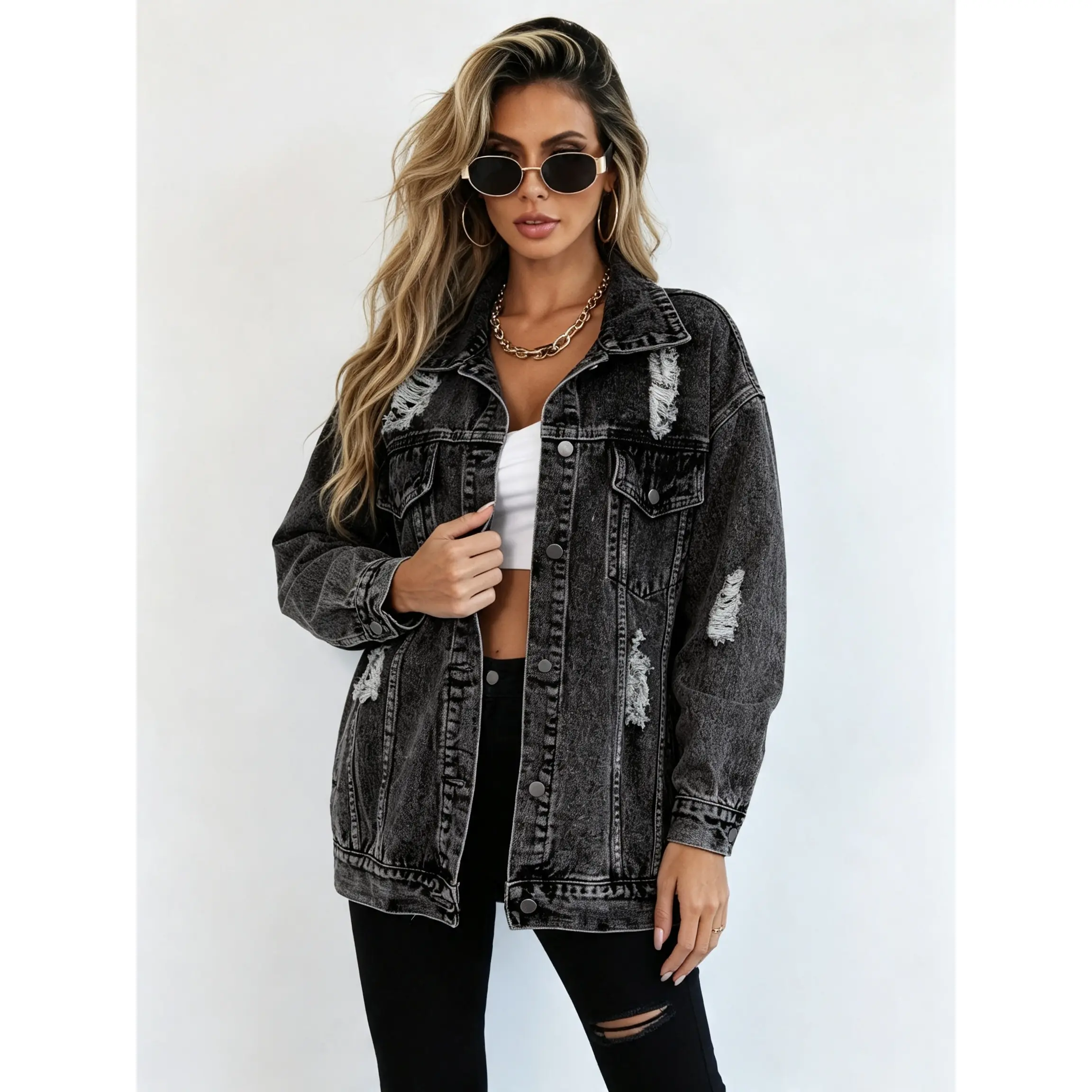 Women's Distressed Cargo Denim Jacket | Oversized Washed Blue Trucker Coat | Y2K Streetwear Grunge Outerwear Piece Tops