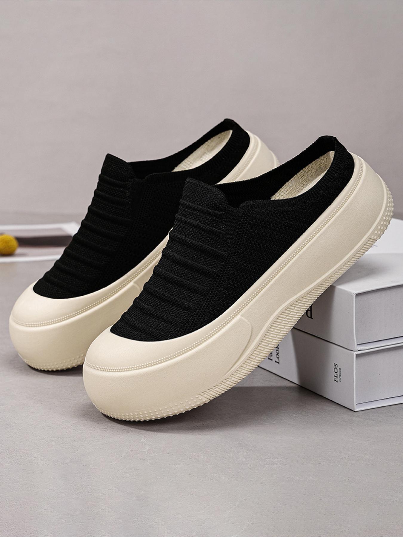 YYW1 Women's Slip-On Casual Trainers, Breathable Flyknit Textile Shoes, Thick Sole, Lightweight PVC Plain Shoes for Daily Commute, Indoor-Outdoor Wear