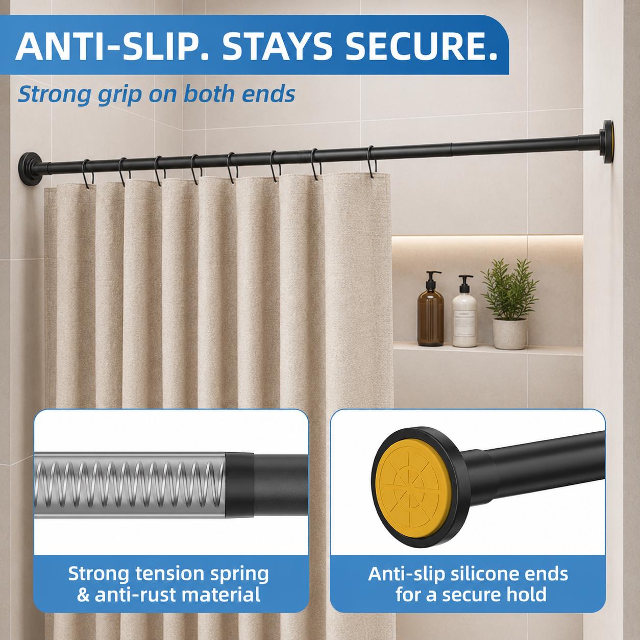 Matte Black 32-92 Inch Adjustable Shower Curtain Rod, 1-Inch Stainless Steel Spring Tension Rod with Holders, No-Drill Non-Slip Rust-Resistant Curtain Rod for Bathroom, Closet, Window & Room Divider