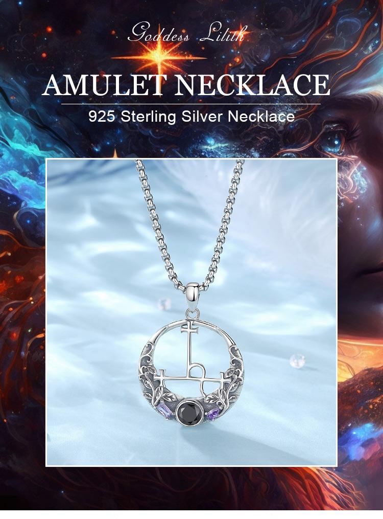 Goddess Lilith Amulet Necklace, S925 Sterling Silver Lilith Sigil Pendant with Black and Purple CZ, Wiccan Handmade Jewelry for Pagan