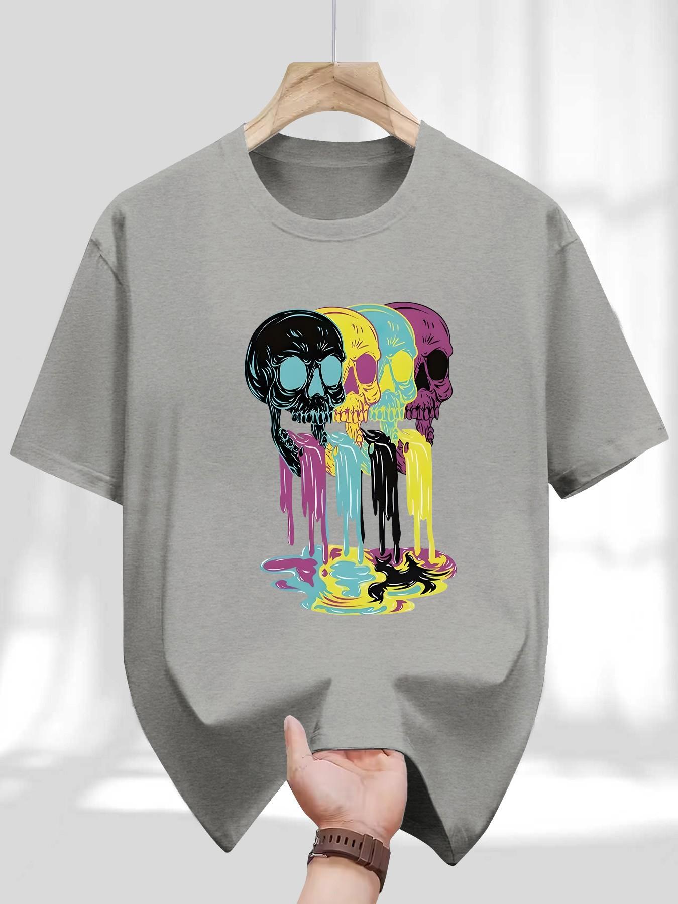 Men's Round Neck T-Shirt, Fashion Colorful Skull Geometric Print, Retro Religious Style, Casual Long Sleeve, Perfect for Daily Wear