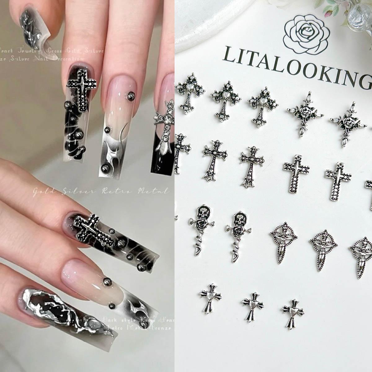 100PCS Punk Style Alloy Cross Nail Charms 3D Heavy Dark Gothic Cross Mixed Nail Art Decorations DIY Cool Nail Designs
