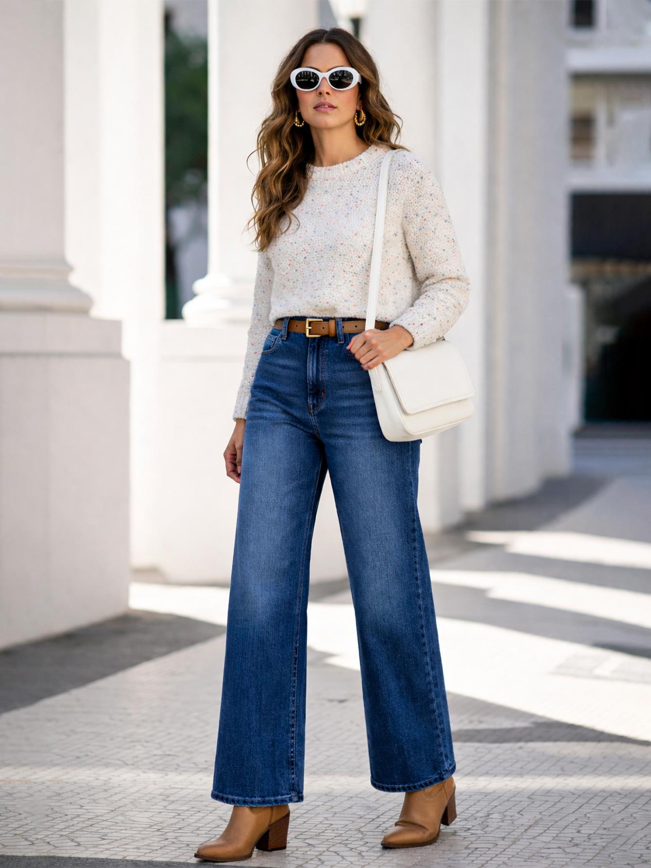 LEIJIJEANS Women's High-Waist Wide-Leg Jeans, Blue Washed Elastic Denim Pants for Spring-Fall Casual Commuter Daily Wear