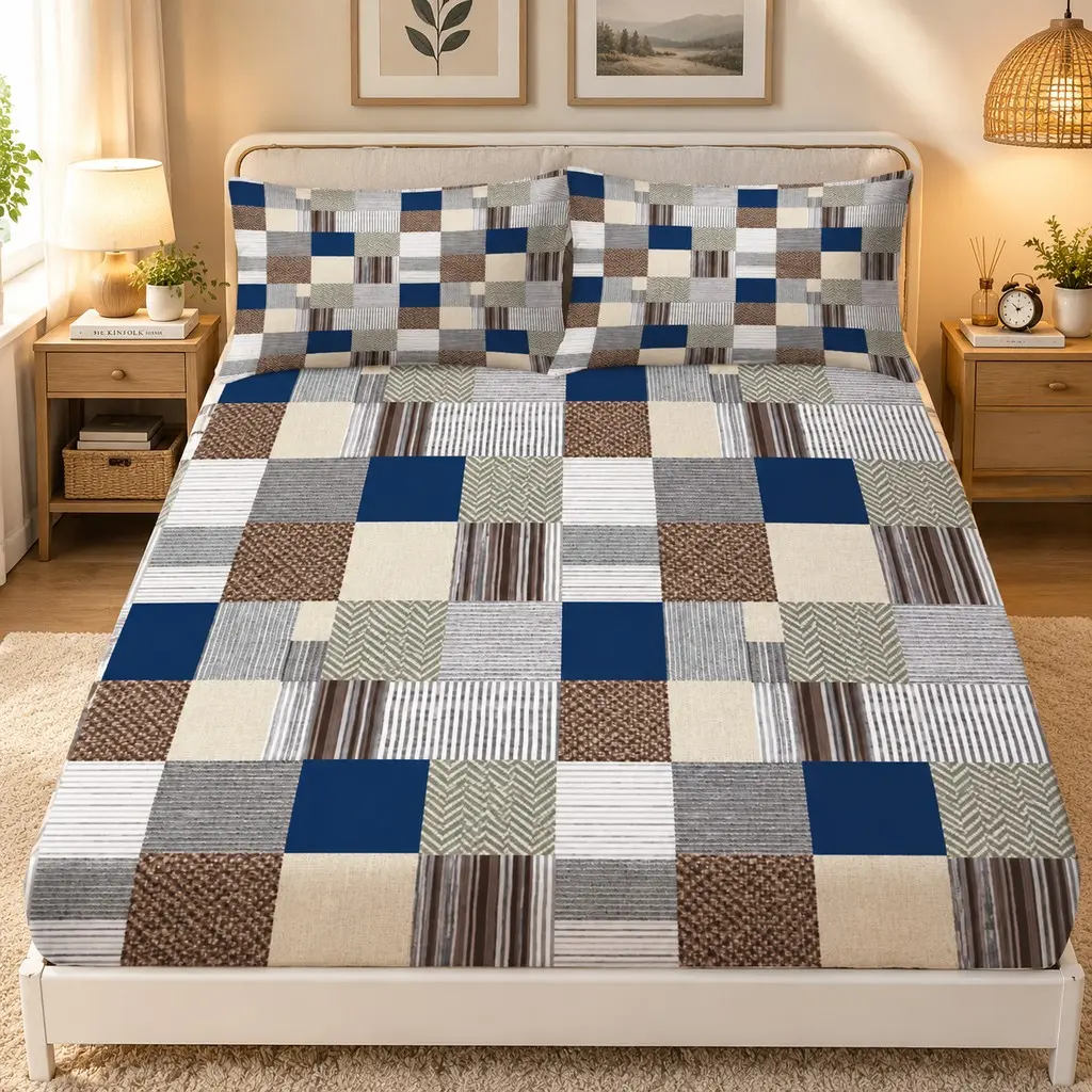 3pcs Classic Multi Texture Splicing Grid Bed Sheet Pillowcase Set, Brown Blue Earth Color Series, Versatile Bedroom Includes 1 Bed Sheet and 2 Pillowcases (unfilled) Suitable for Day Bedroom, Guest Room, Dormitory Bedding