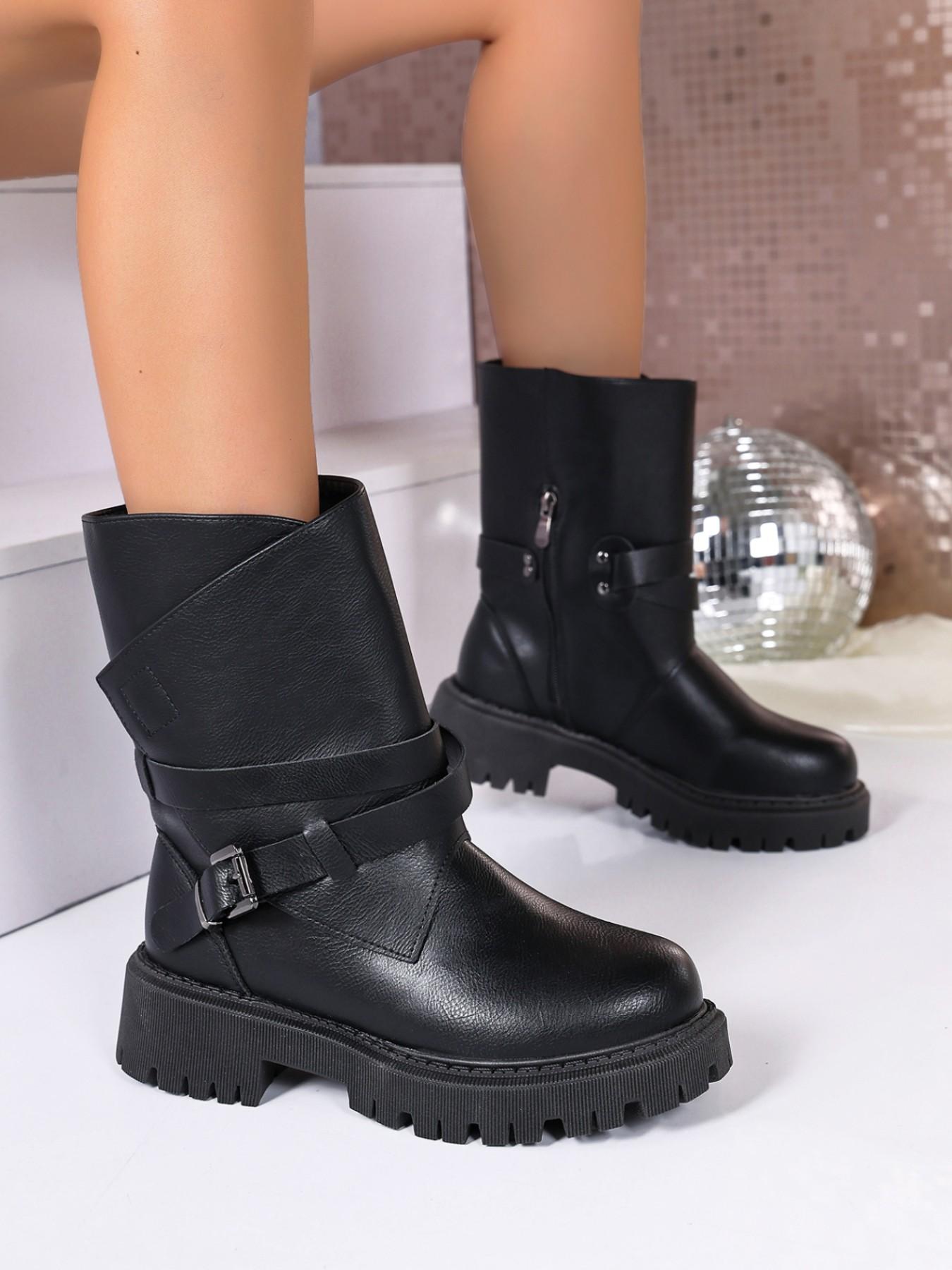 Women's Vintage PU Leather Belt Buckle Thick Sole Boots, Comfortable Anti-Slip, Fashionable Fall & Winter Shoes