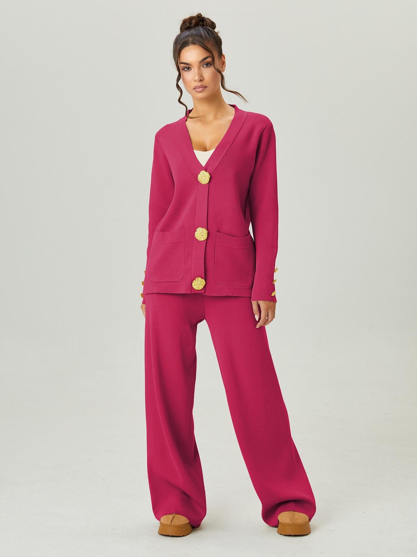 Women's Versatile V-Neck Gold Button Side Pocket Knit Cardigan and High Waist Wide Leg Pants Set, Elegant Two-Piece, Comfortable Women's Clothing#TikTokMadeMeBuyIt #CasualChic#MatchingSet