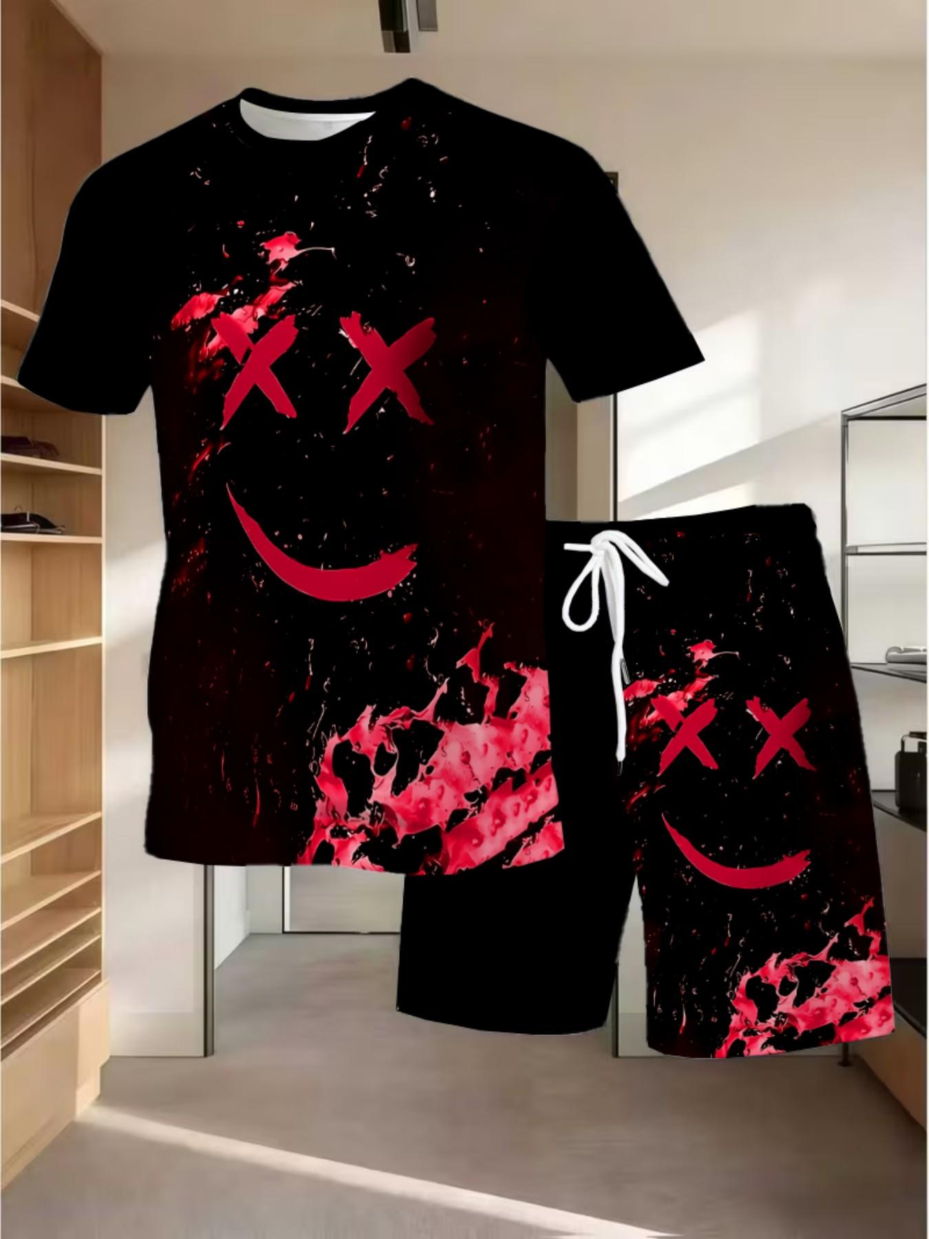 Men's Summer Gaming Set, Fitted Set, Short Sleeve Tee and Shorts, Knee-Length, Casual Slim-Fit, Print Pattern, All-Season Fashion, Menswear