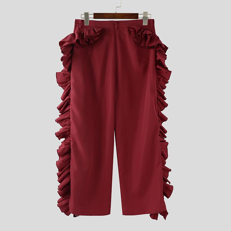 INCERUN Mens High Waist Zipper Ruffles Holiday Party Casual Loose Bottoms Wide Leg Trousers Long Pants