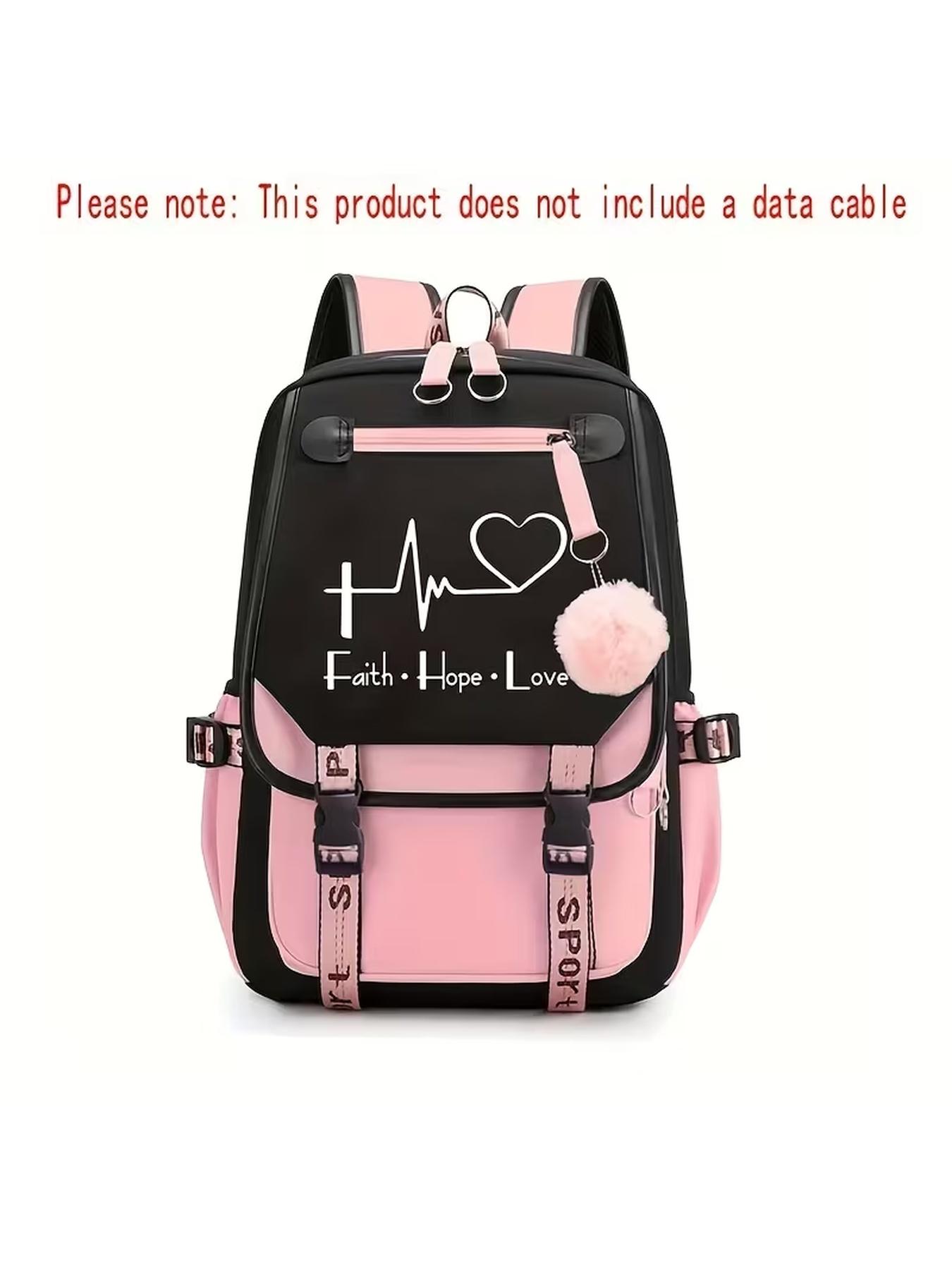 Faith Hope Love Heartbeat Print Girls Backpack Pink Black Large Capacity School Bookbag With USB Charging & Headphone Port Pom pom Pendant Aesthetic Student Backpack For Teen Girls Back To School Travel Gift