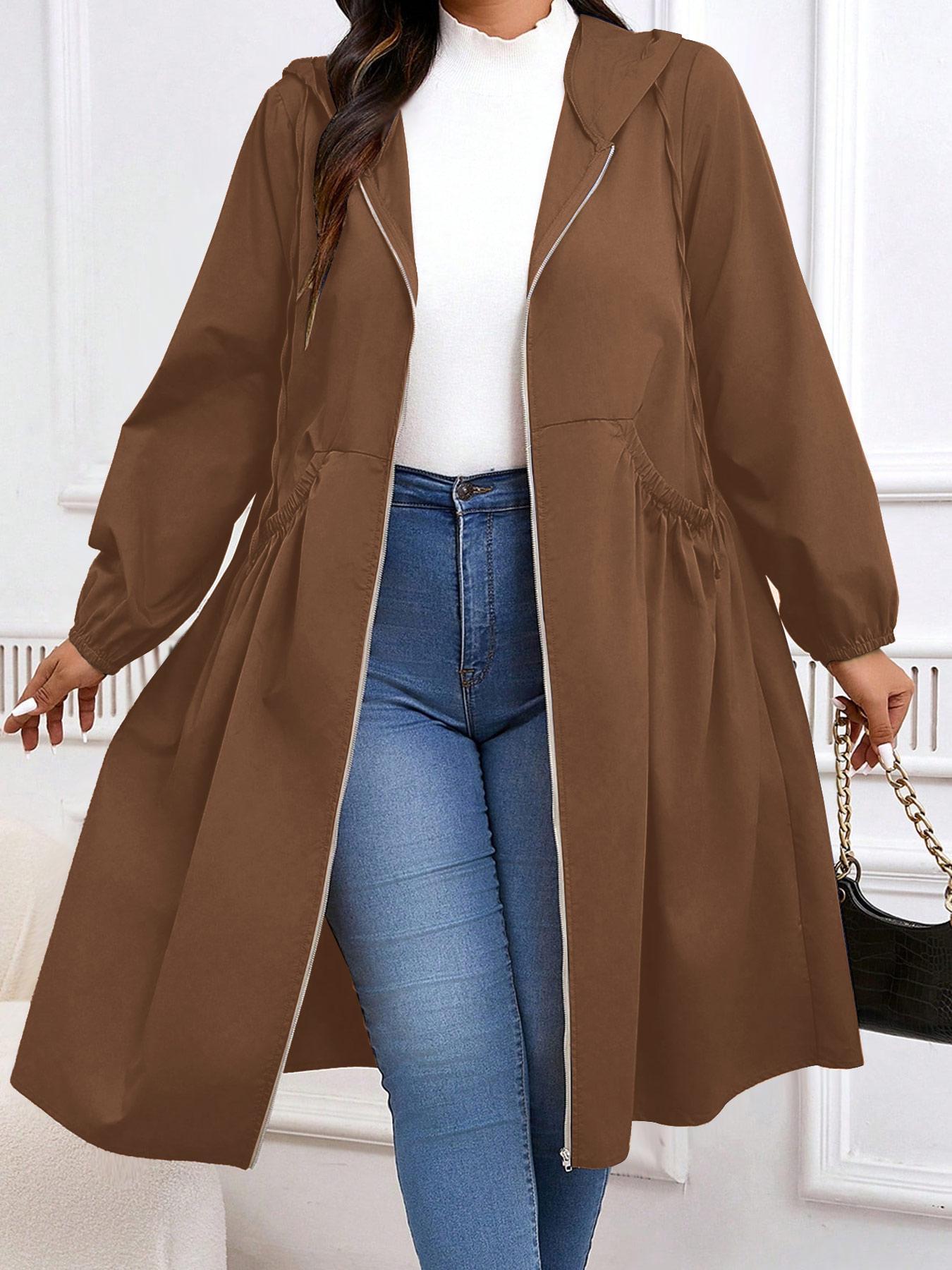 Plus Size Solid Drawstring Zip Up Hooded Coat, Casual Long Sleeve Pocket Outerwear for Fall & Winter, Women's Clothes for Daily Wear