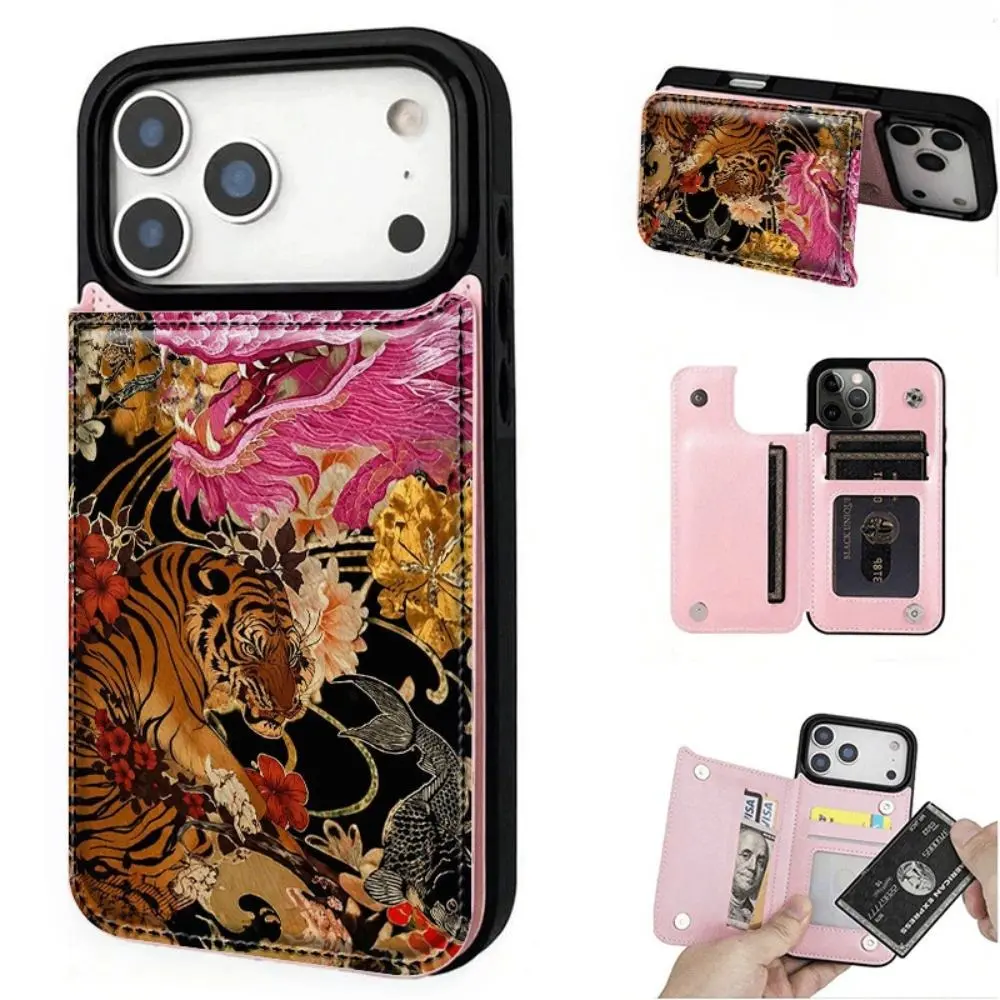 Phone Case - Pink Dragon Tiger Gold Flower Koi Fish Flip Wallet Card Case Phone Case with Holder, 3 Card Slots for Driver's License and Photos, Ideal for iPhone 17/16/15/14/13/12/11 Ultra/Pro Max/Pro/Plus Collection