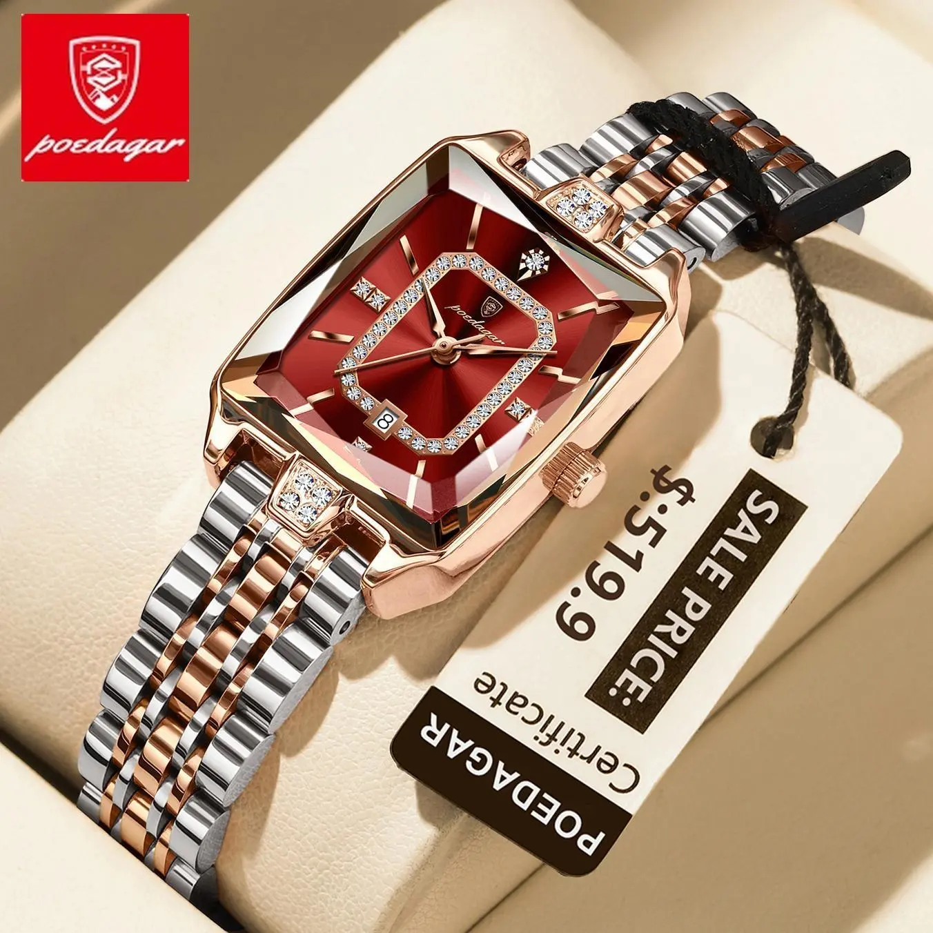 POEDAGAR Women's Elegant Analog Rectangle Stainless Steel Quartz Wristwatch - 25mm, Luminous Hands, Calendar Date Window, Buckle Clasp, Steel Band, Mineral Glass, Waterproof