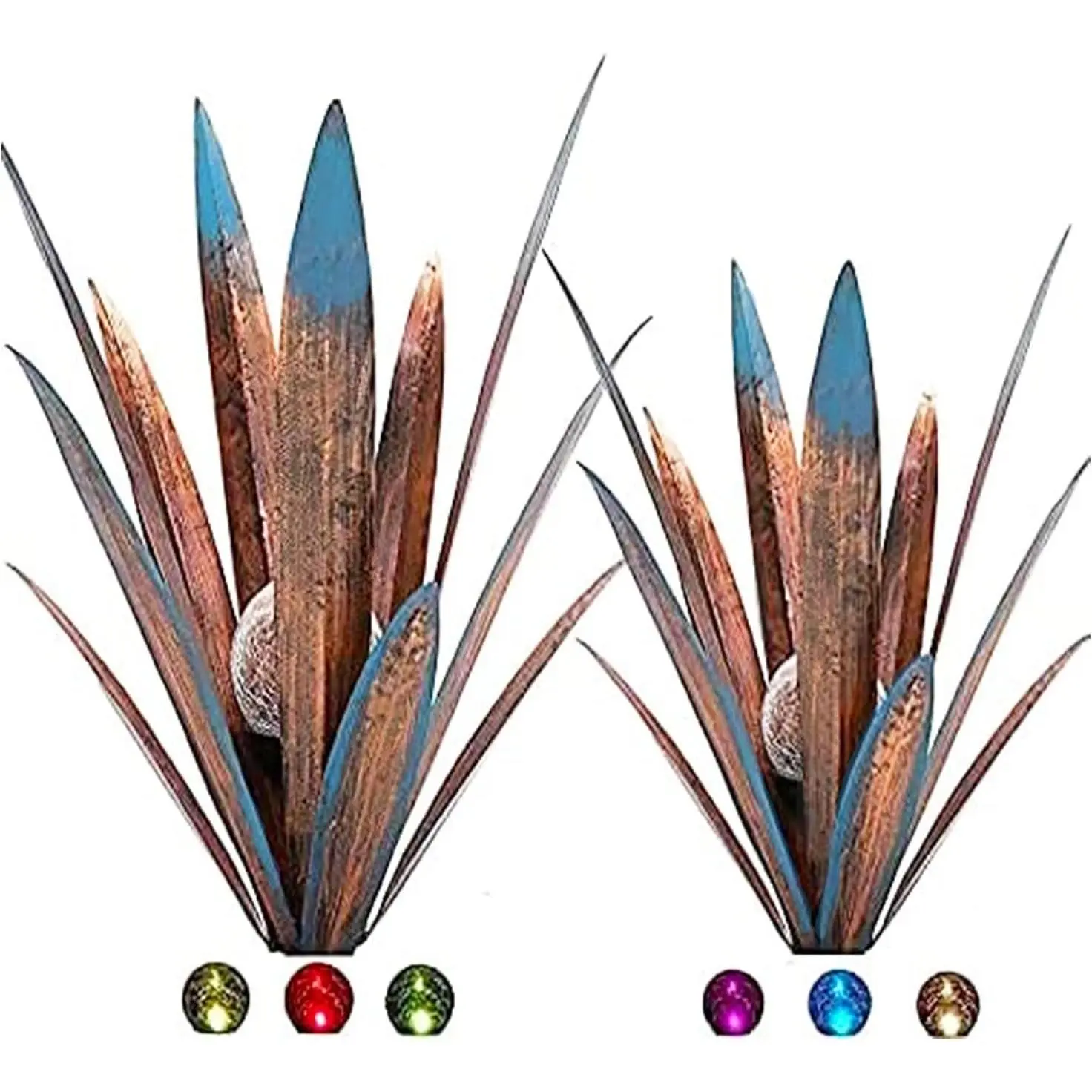 2pcs Tequila Sculpture Metal Agave Plant Home Decor Rustic Hand Painted Figurines Yard Decorations Lawn Ornaments（Multi-Color LED Solar Light Green） (Blue)
