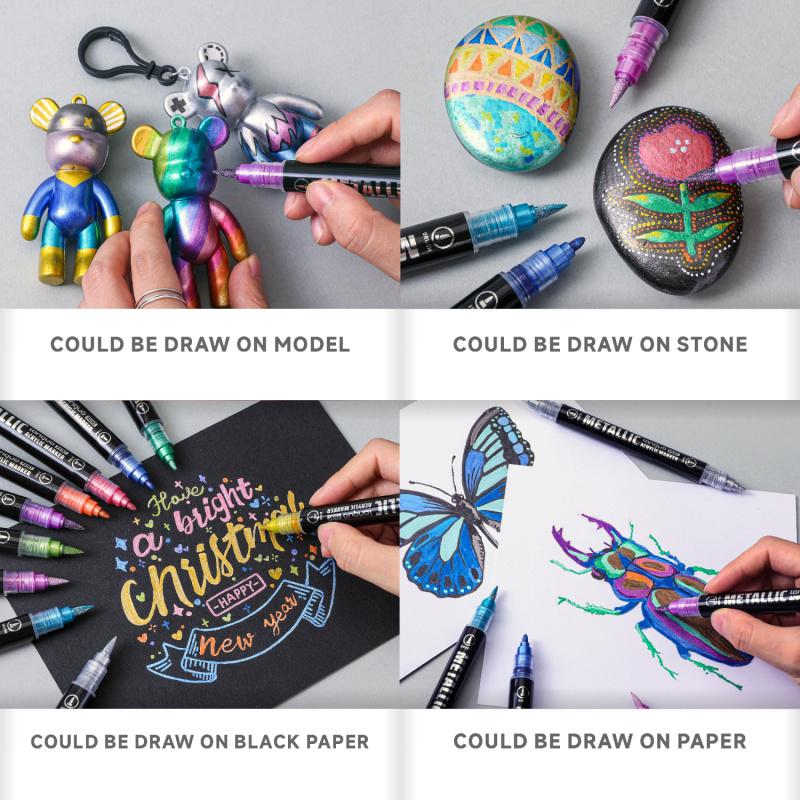 Acrylic Paint Metallic Markers, Automatic ink control Dual Tip (Brush & Fine)for Black Paper & Rock Painting Metallic Acrylic Paint Markers for DIY Crafts, Scrapbooking, Glass, Wood, Drawing Markers