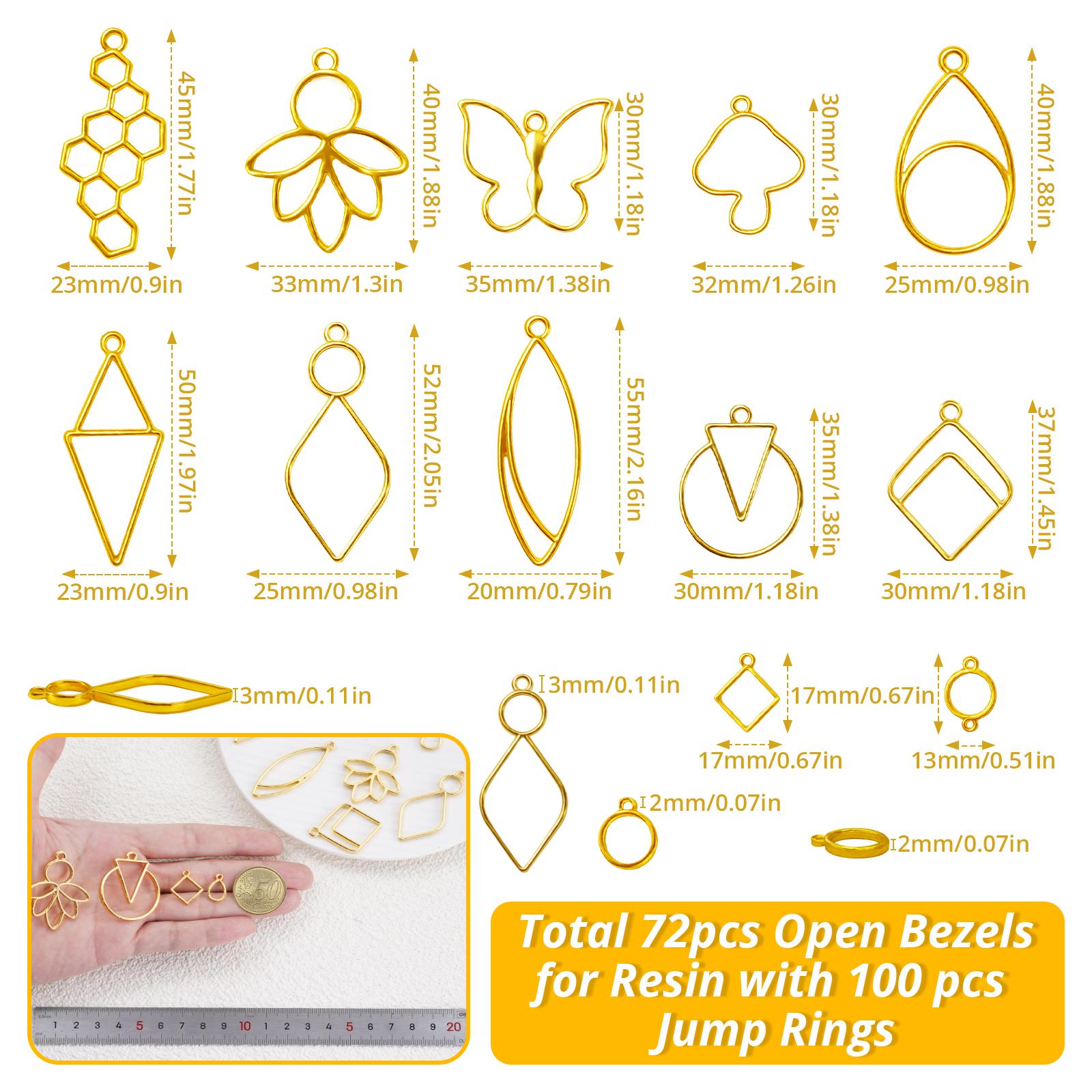 172 pcs Open Bezels for Resin, 2 Size 36 Styles of Gold Hollow Frame Pendants Bezels with 100pcs Jump Rings, Unique Bee Resin Bezels for Jewelry Making, Necklaces Earrings Making Supplies