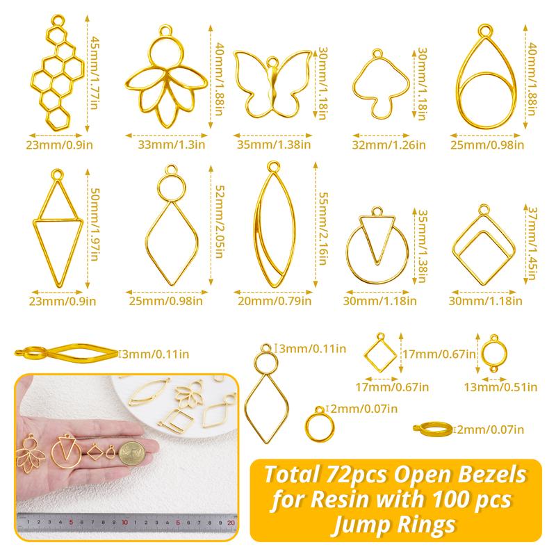 172 pcs Open Bezels for Resin, 2 Size 36 Styles of Gold Hollow Frame Pendants Bezels with 100pcs Jump Rings, Unique Bee Resin Bezels for Jewelry Making, Necklaces Earrings Making Supplies