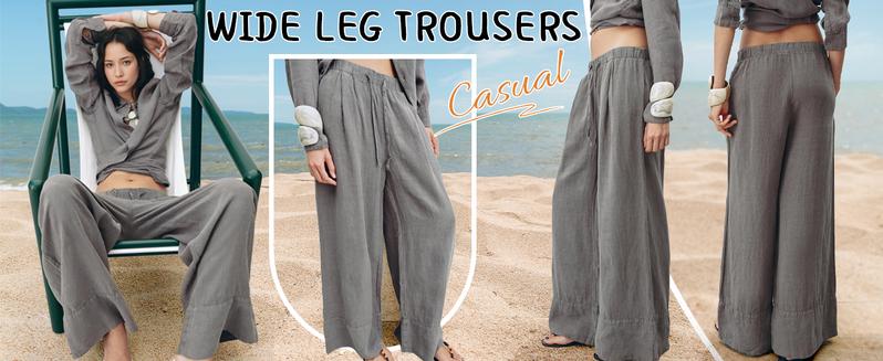 Hixiaohe Women Casual Elasticated Drawstring Waist Linen Palazzo Pants  Trendy Beach Travel Outfits Wide Leg Trousers TikTokShopBlackFriday