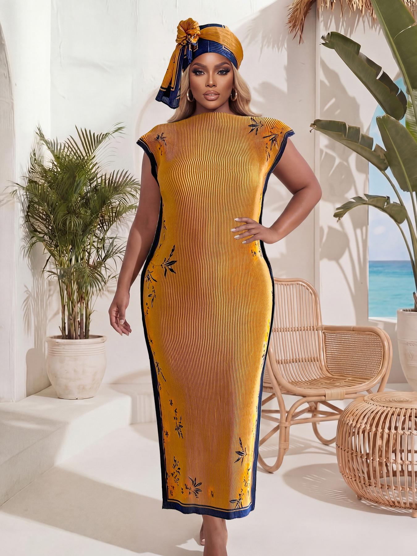 Elegant Ruffled Slim Fit Long Dress Set, Floral Print Shawl Scarf + Silk Ribbon, Women's Beach Sun Protection Wrap, All Seasons