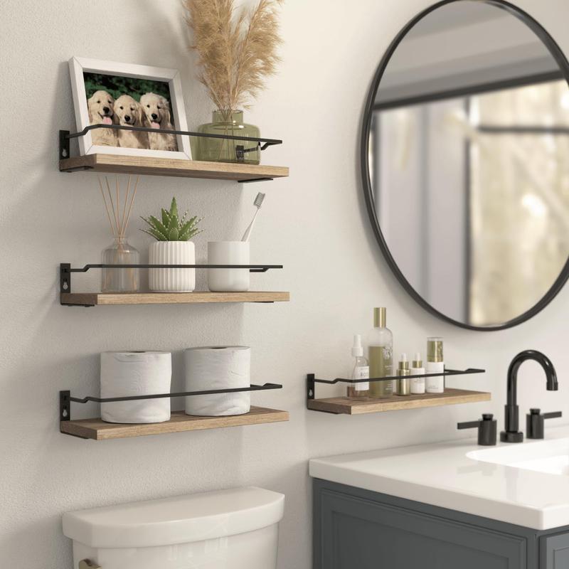 Bathroom Floating Shelves with Guardrail, Set of 4 Wall Mounted Small Storage Bathroom Shelves, Rustic Bathroom Shelves Over Toilet, Wall Shelves for Kitchen Living Room Bedroom - Black- Carbonized Black-White
