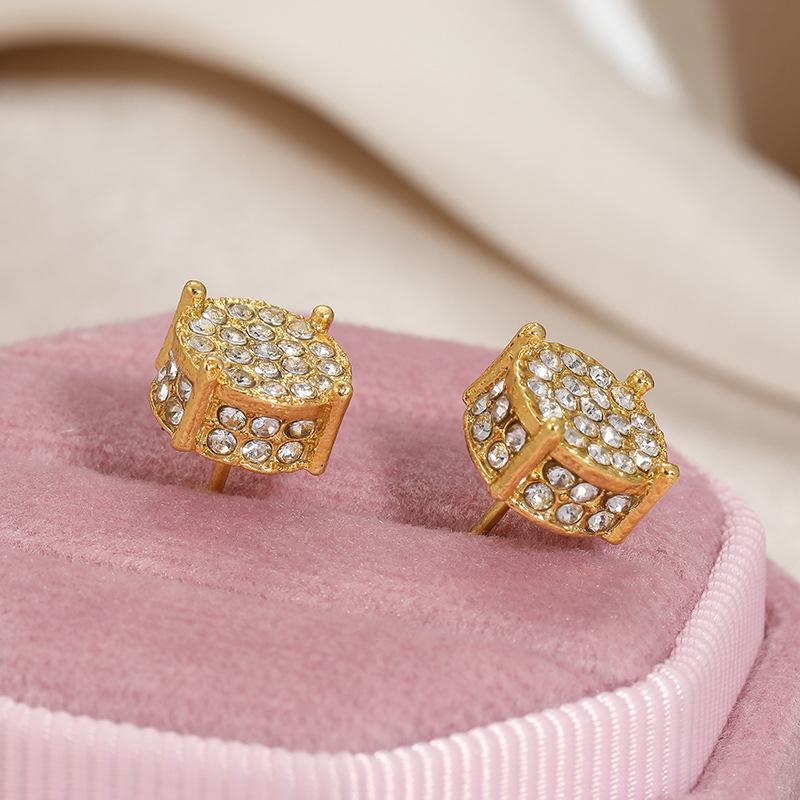 Full Diamond Hip Hop Men's Ear Stud Zircon Micro-Set Plated Round Earrings for Women