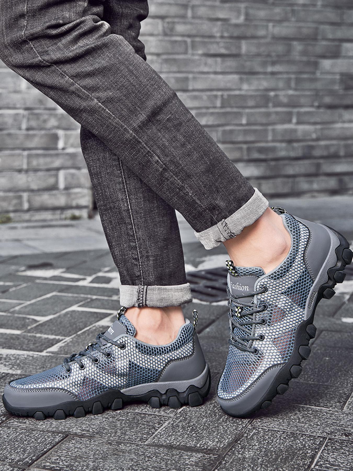 Men's Solid Color Mesh Breathable Outdoor Hiking Shoes Lace-up Closed-toe Trekking Shoes Non-slip Wear-resistant Casual Sneakers