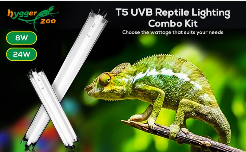 T5 Reptile Light Fixture Combo Kit 24W Light Fixture Reptile Terrarium Hood 10.0 UVB Light Bulb dimmable Fluorescent Tube Ideal for Tropical and Deserts Such as Bearded Dragon Lizards and Tortoises