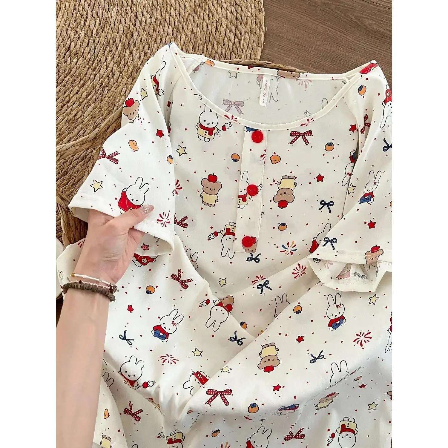 Kawaii Miffy Sleeping Dress Cute Cartoon Polka Dot Miffy Rabbit Sleeping Dress Summer Short-Sleeved Long-Sleeved Homewear Set