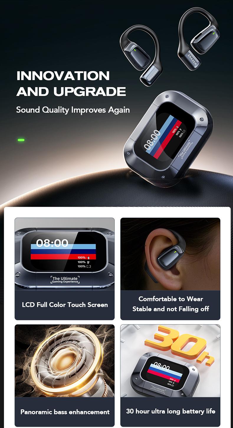 ERAZER XT82Pro OWS Wireless Earbuds Bluetooth 5.4 Earphones HIFI Sound Quality Wireless Headphones Light-Weight Headphones Full Color Display Touch Screen Gaming Headsets Built-in Microphone