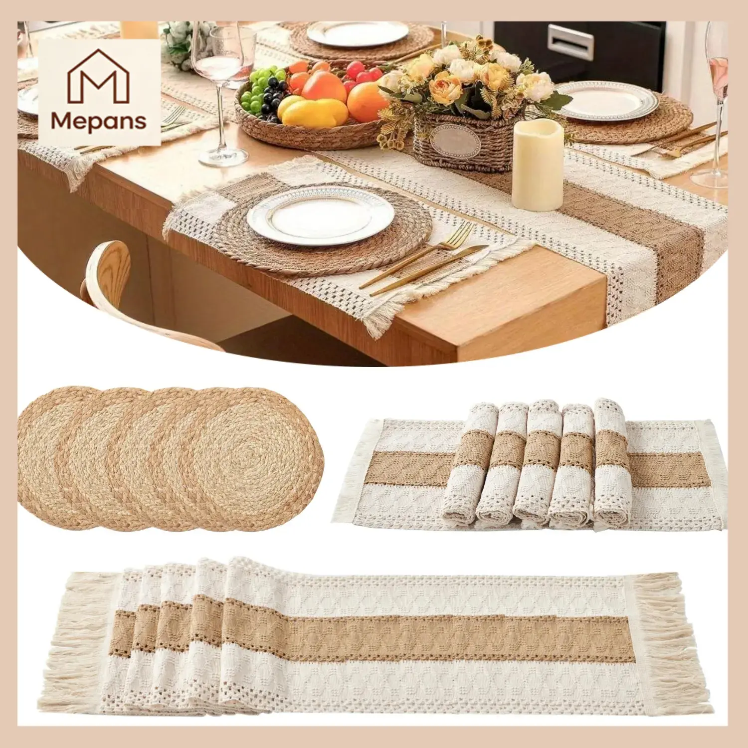 Bohemian 13-Piece Handwoven Grass & Cotton Table Mats Set Pack - Thick Round & Square Cotton Linen Burlap Mats, 12x70 in Macrame Runner for Dining Table Kitchen Home Supplies