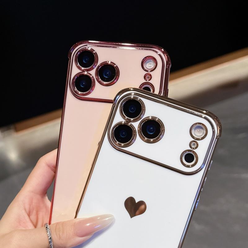 for iPhone 17 Pro Max 16 15 14 13 12 Phone Case, Luxury Cute Gold Love Heart for Women Side Small Pattern Luxury Plated Edge Camera Protection Soft Silicone Shockproof Bumper Cover