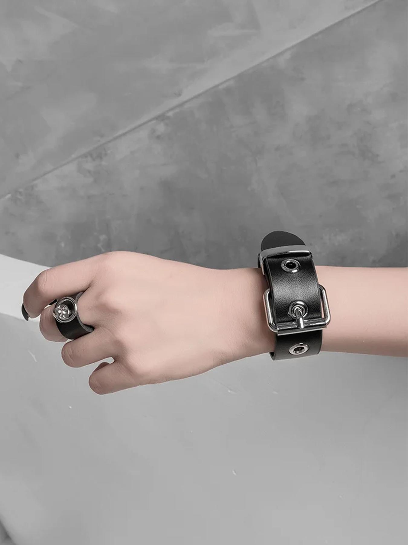 Vintage Punk PU Leather Wide Belt Bracelet, Dark Style Adjustable Wristband, Unisex Street Fashion Party Accessory, Couple Jewelry