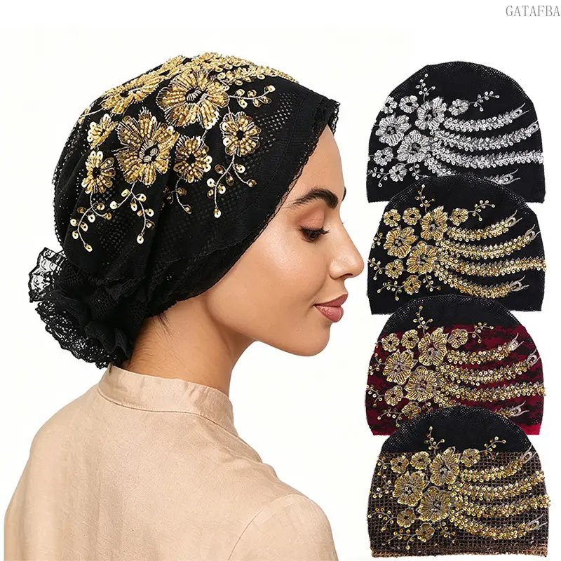 New Beaded Sequin Embroidery Turban Hat, Mesh Hair Care Under Cap, Decorative Head Wrap for Daily Hair Protection