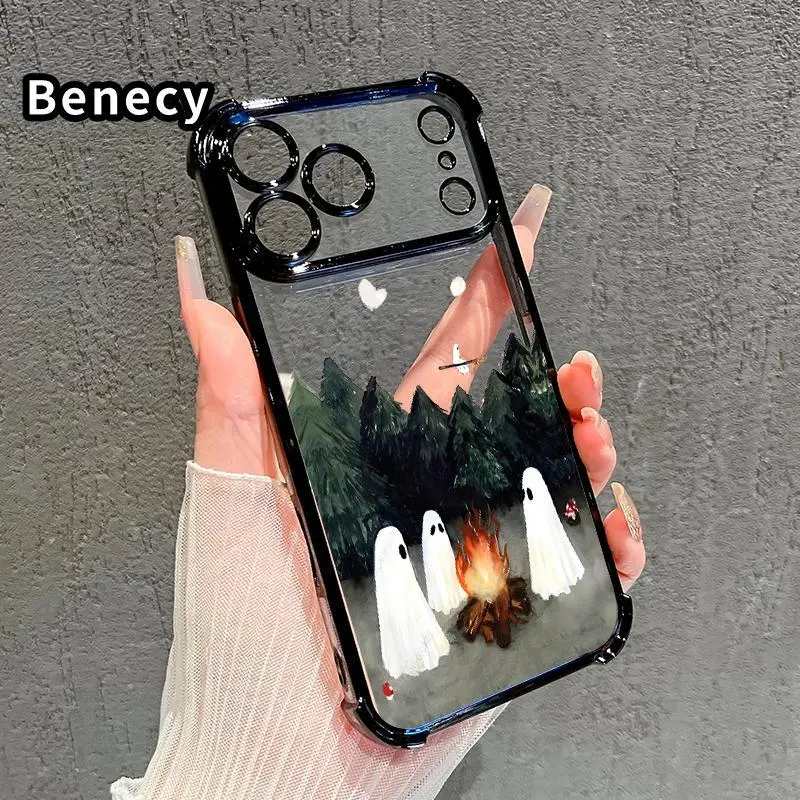 Ghosts' Campfire Gathering Pattern Four Corner Anti-Fall Phone Case Transparent Electroplated Protective Cover for iPhone 18 17 16 Pro Max 15 Plus 14 13 12 11 E Air