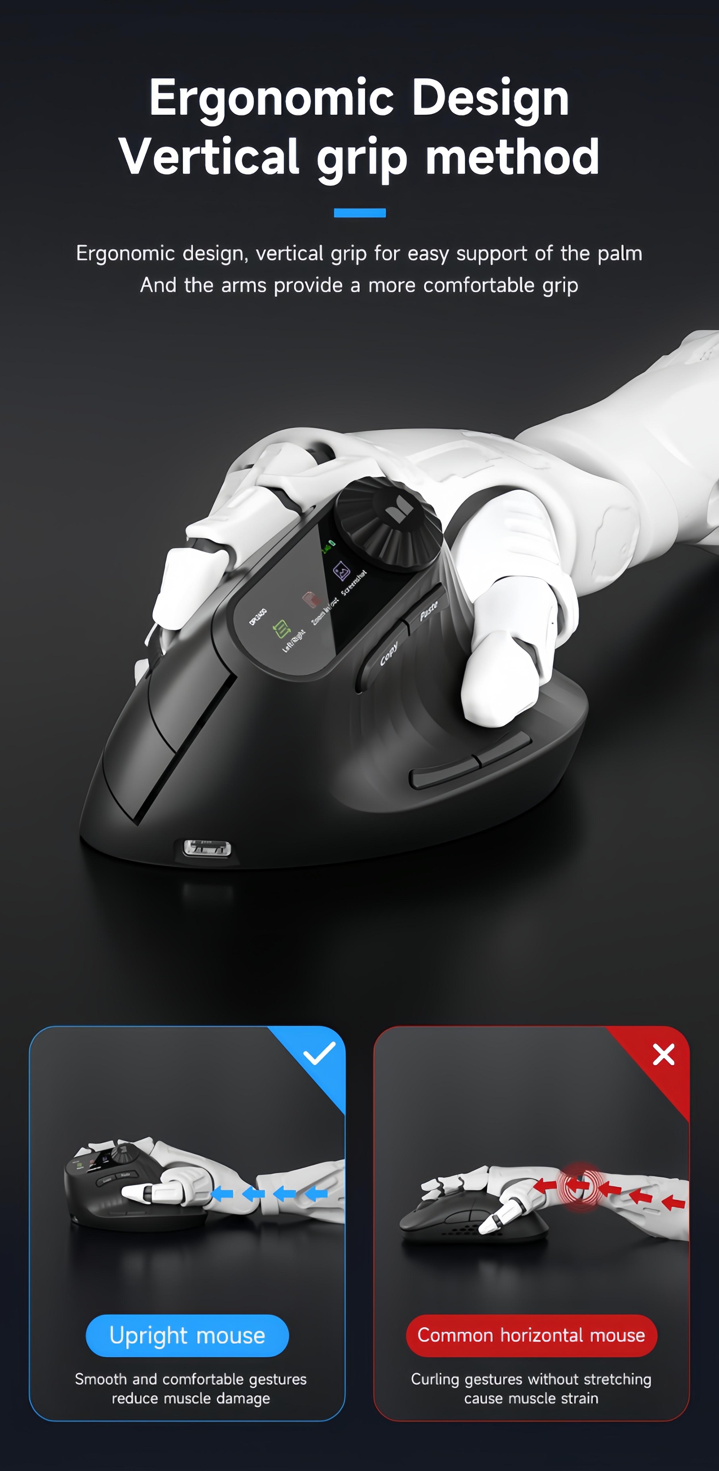 Monster Airmars M2 MAX Ergonomic Vertical Mouse, 2.4G Bluetooth Dual Mode, Long Battery Life, Media Knob Control, for Laptop Desktop PC Mac