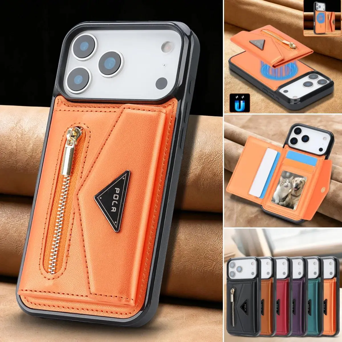 2 in 1 Detachable Zipper Card Bag Wallet Leather Case for iPhone 17 Pro Max 16 15 14 13 Plus Anti-Theft Brush RFID Phone Cover