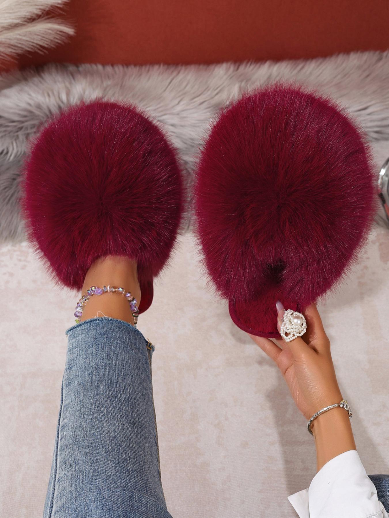 New Trendy Plush Fur Slippers, Super Cute Fashion Warm Home Shoes, Fuzzy Warm Slippers, Anti-Slip Thick Sole Cat-Feeling Cotton Slippers, Girls' Gift